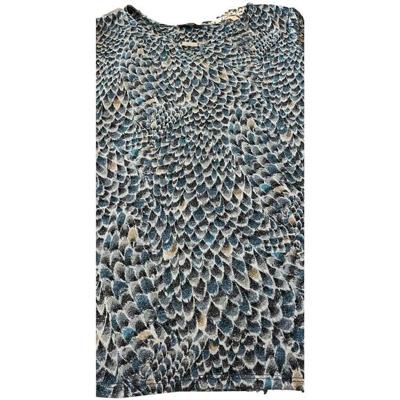 COCOMO WOMAN LONG ROLL TAB SLEEVE V-NECK TUNIC TOP, WOMENS, 3X, BLUE BLACK TAN - Picture 7 of 10